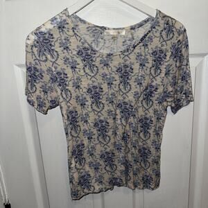 Love Shack Fancy Antique Floral Blue Tee Short Sleeve‎ Blouse Size XS